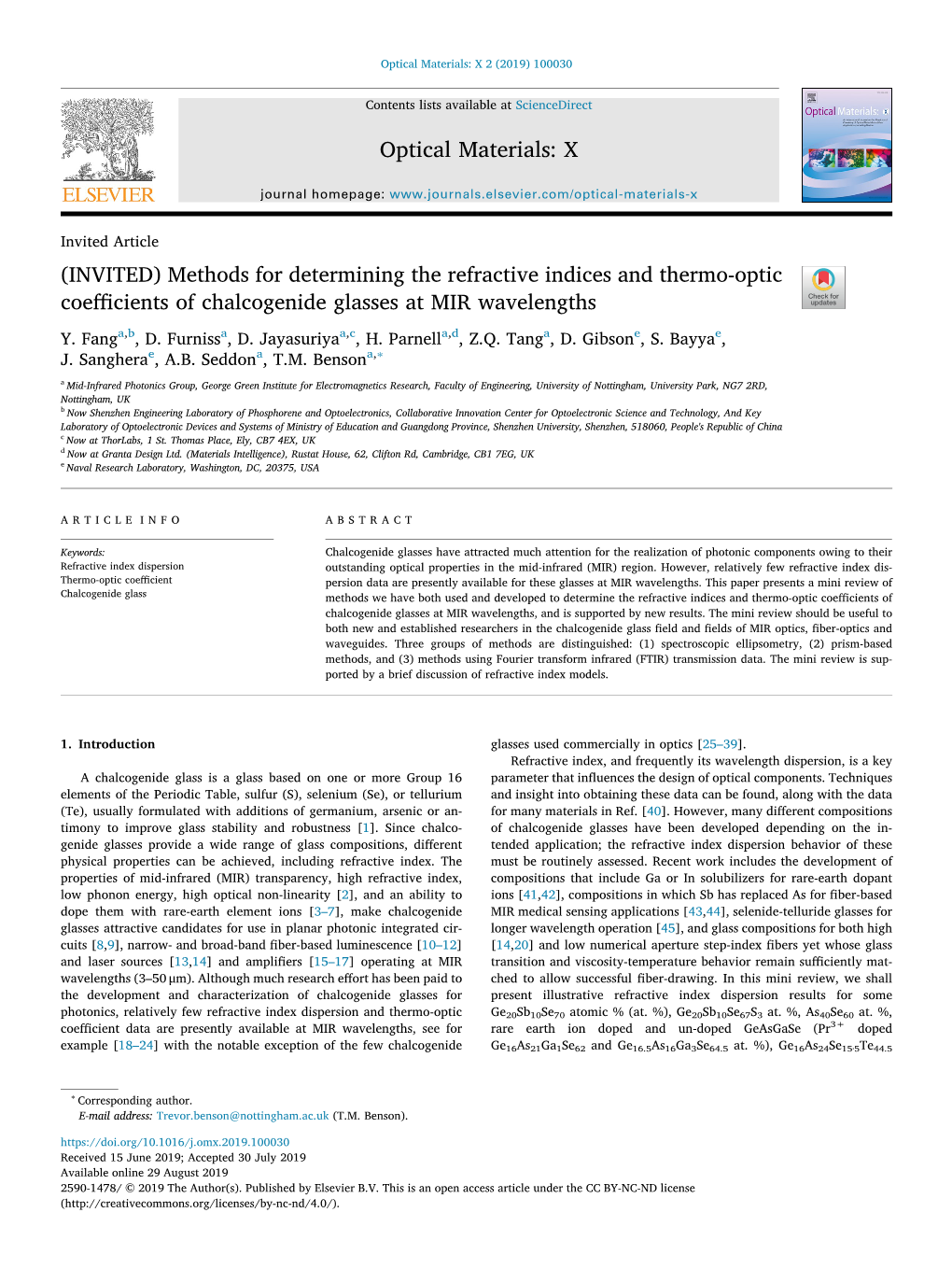 Methods for Determining the Refractive Indices and Thermo-Optic T Coefficients of Chalcogenide Glasses at MIR Wavelengths Y