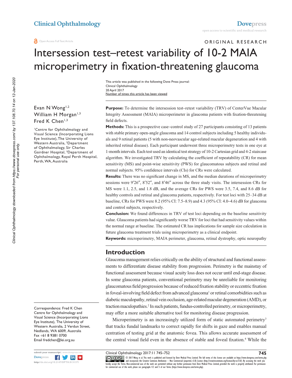 Intersession Test–Retest Variability of 10-2 MAIA Microperimetry in Fixation-Threatening Glaucoma