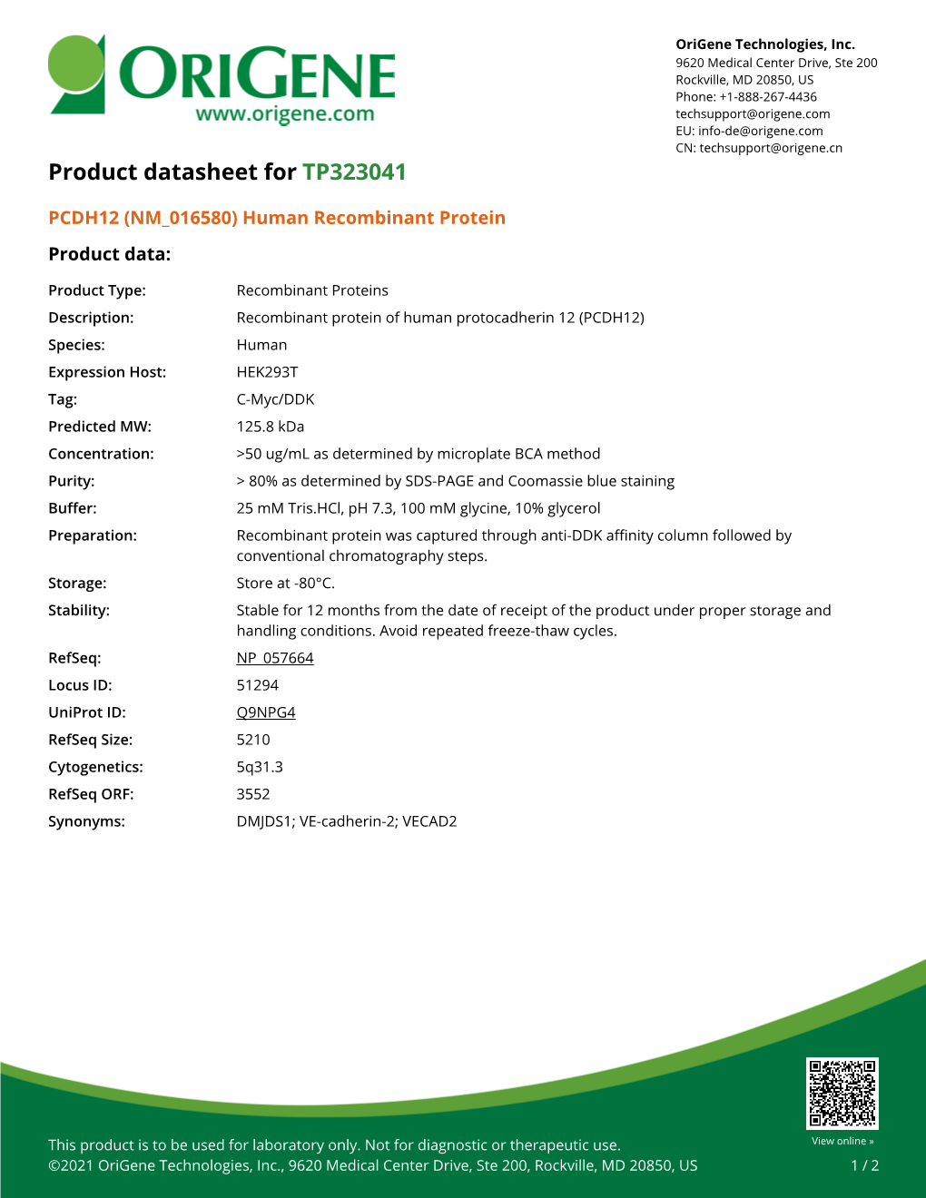 PCDH12 (NM 016580) Human Recombinant Protein Product Data