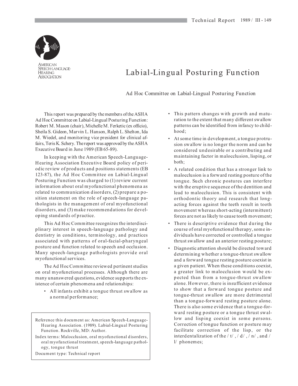 Labial-Lingual Posturing Functiontechnical Report 1989 / III - 149