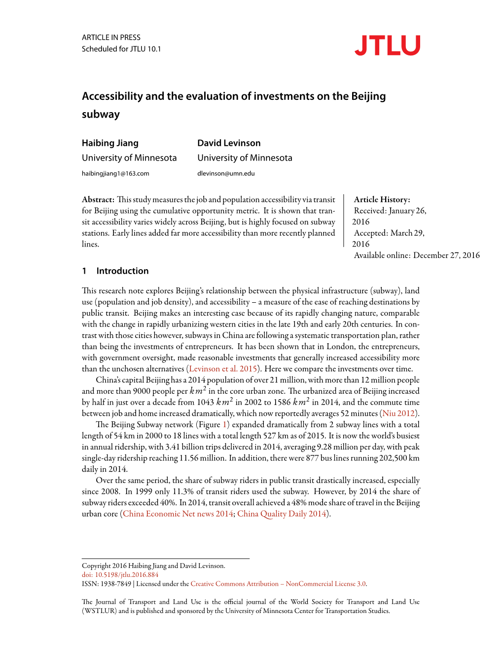 Accessibility and the Evaluation of Investments on the Beijing Subway