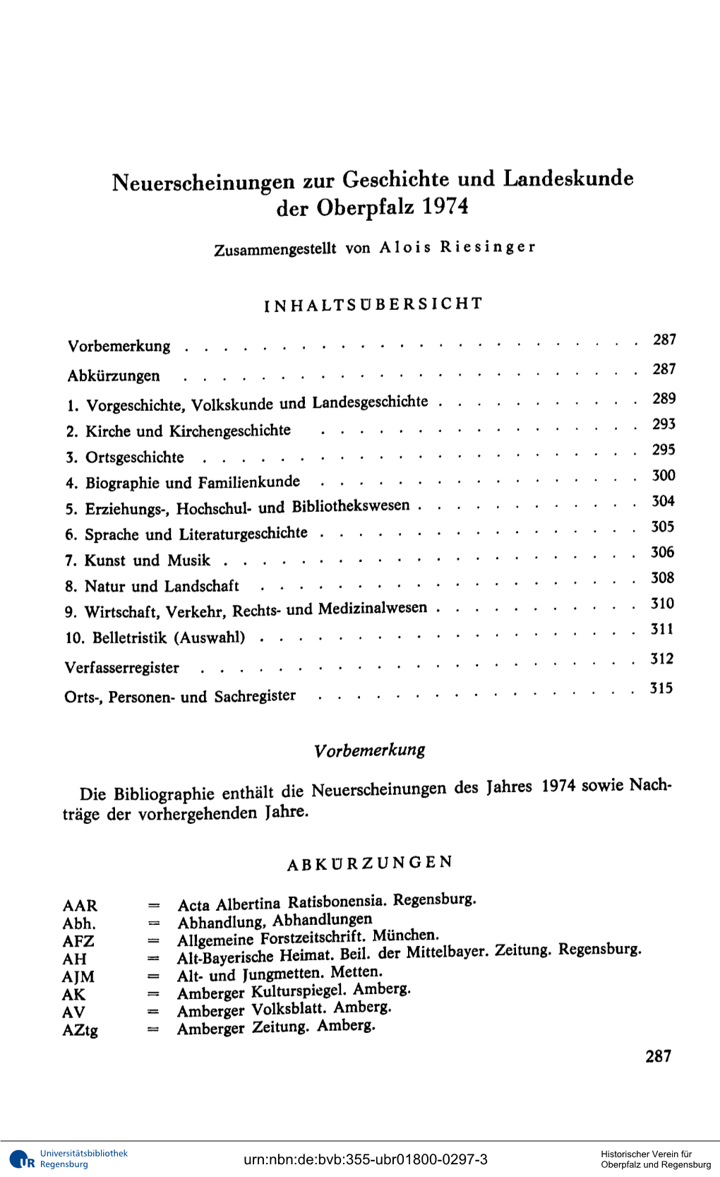 Neuerscheinungen Zur Geschichte Und Landeskunde Der Oberpfalz 1974