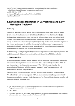 Lovingkindness Meditation in Sarvāstivāda and Early Mahāyāna Tradition1 by Fa Qing
