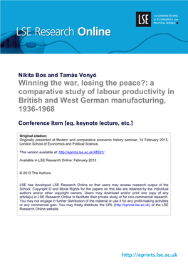 Winning the War, Losing the Peace?: a Comparative Study of Labour Productivity in British and West German Manufacturing, 1936-1968