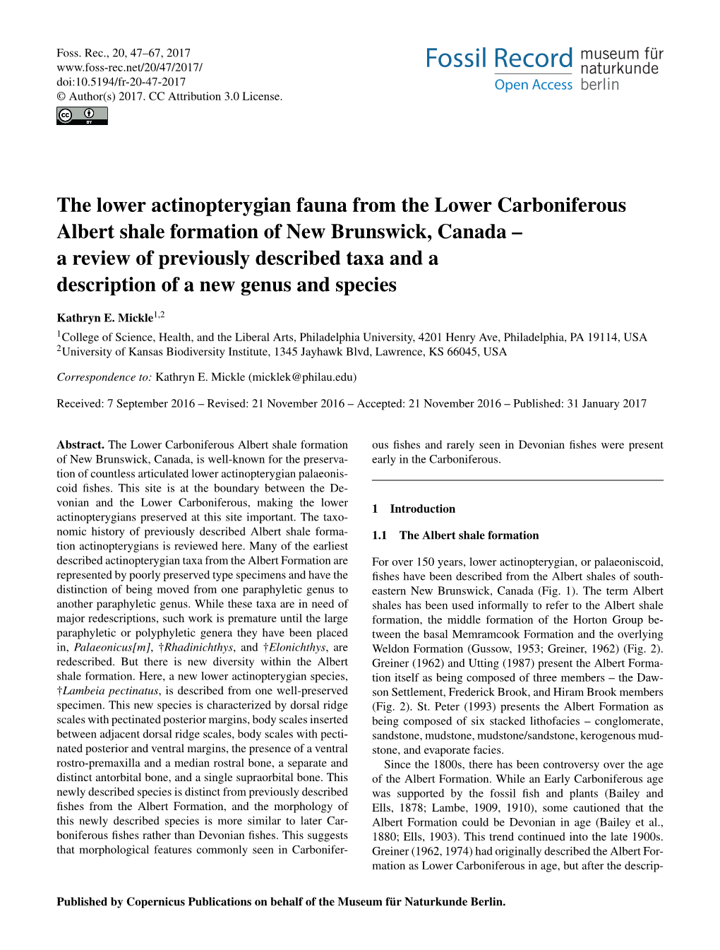 The Lower Actinopterygian Fauna from the Lower Carboniferous Albert