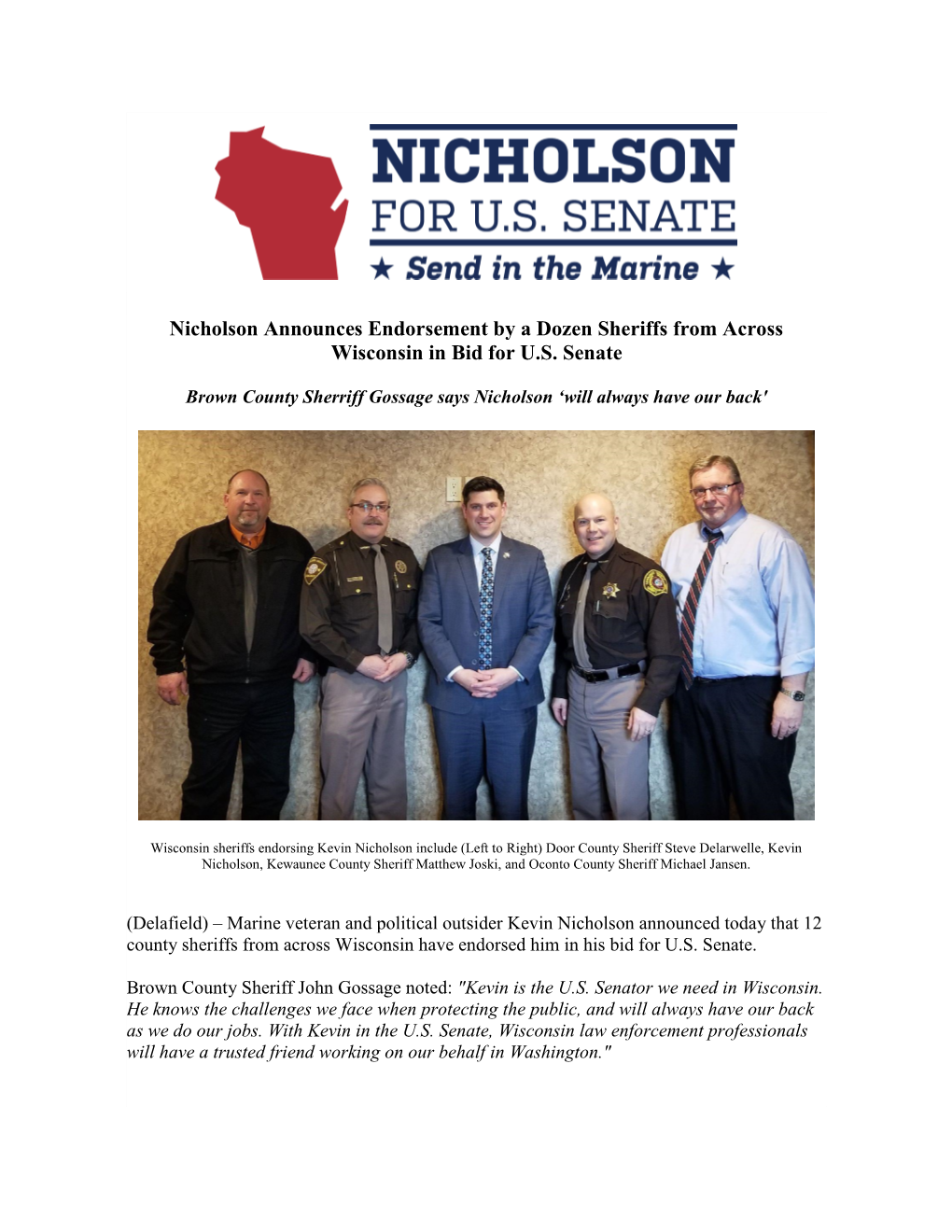 Nicholson Announces Endorsement by a Dozen Sheriffs from Across Wisconsin in Bid for U.S