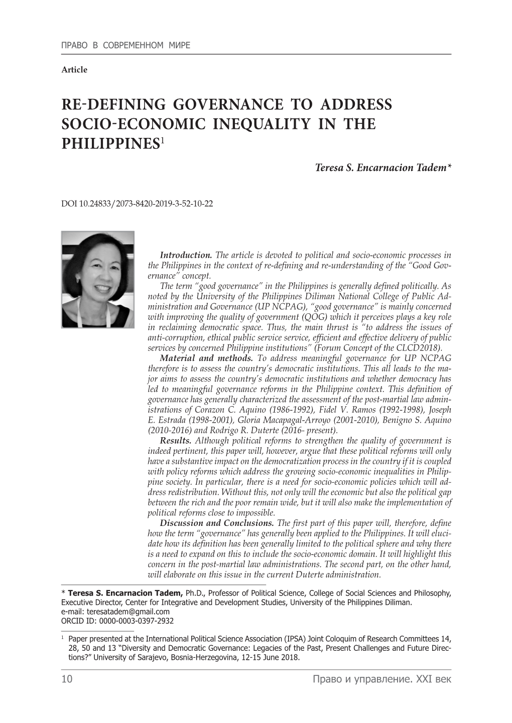 RE-DEFINING GOVERNANCE to ADDRESS SOCIO-ECONOMIC INEQUALITY in the PHILIPPINES1 Teresa S