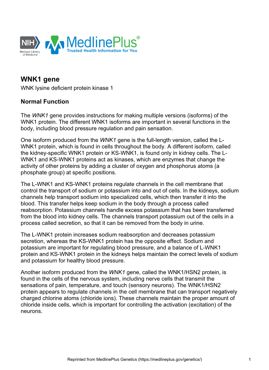 WNK1 Gene WNK Lysine Deficient Protein Kinase 1