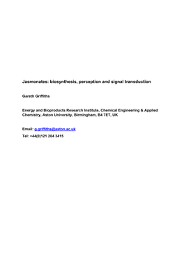 Jasmonates: Biosynthesis, Perception and Signal Transduction