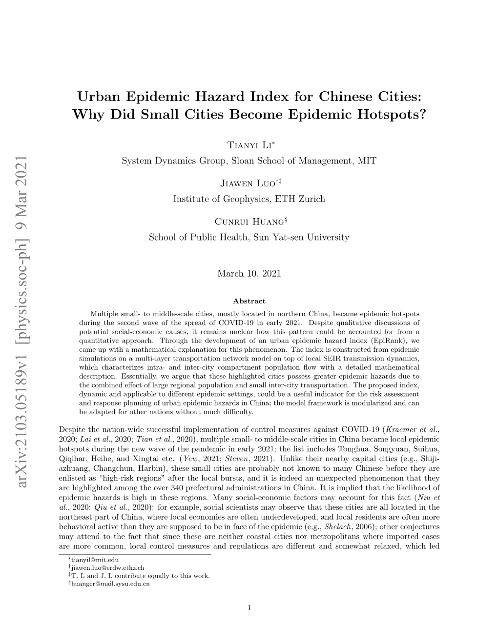Urban Epidemic Hazard Index for Chinese Cities: Why Did Small Cities Become Epidemic Hotspots?