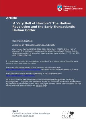 'A Very Hell of Horrors'? the Haitian Revolution and the Early Transatlantic Haitian Gothic Raphael Hoermann Published Onlin