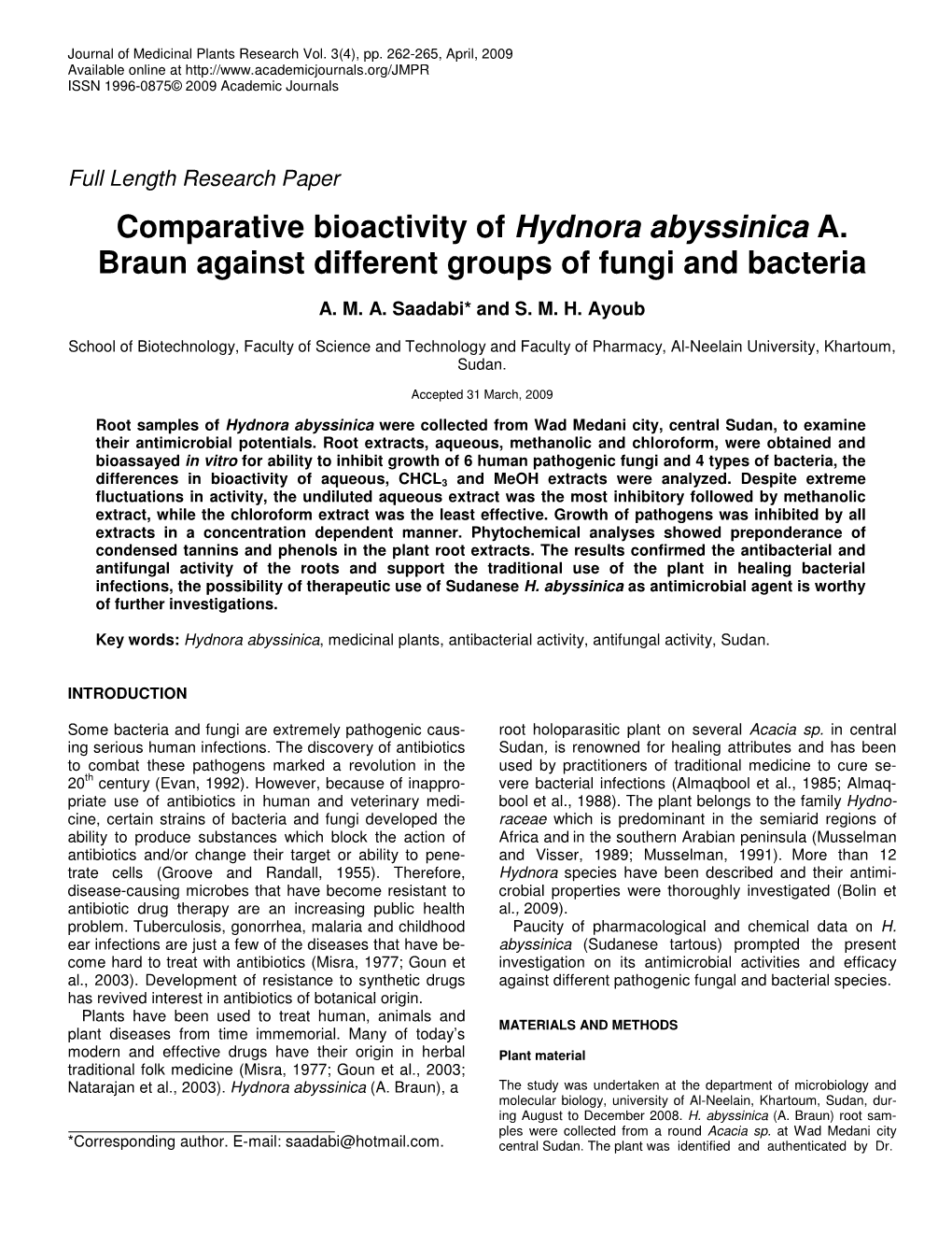 Comparative Bioactivity of Hydnora Abyssinica A. Braun Against Different Groups of Fungi and Bacteria