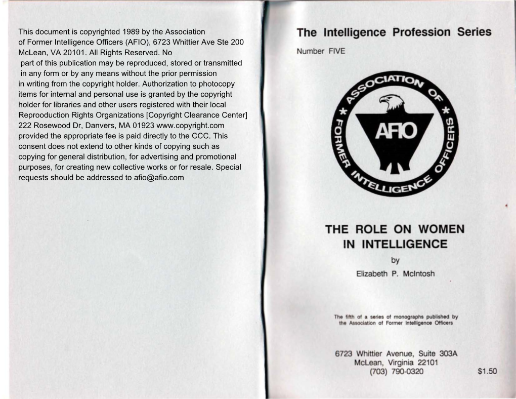 Mcintosh Elizabeth Role of Women in Intelligence AFIO Monograph 5.Pdf