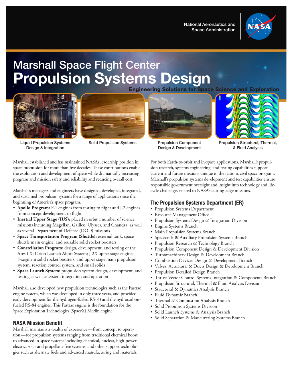 Marshall Space Flight Center Propulsion Systems Design Engineering Solutions for Space Science and Exploration