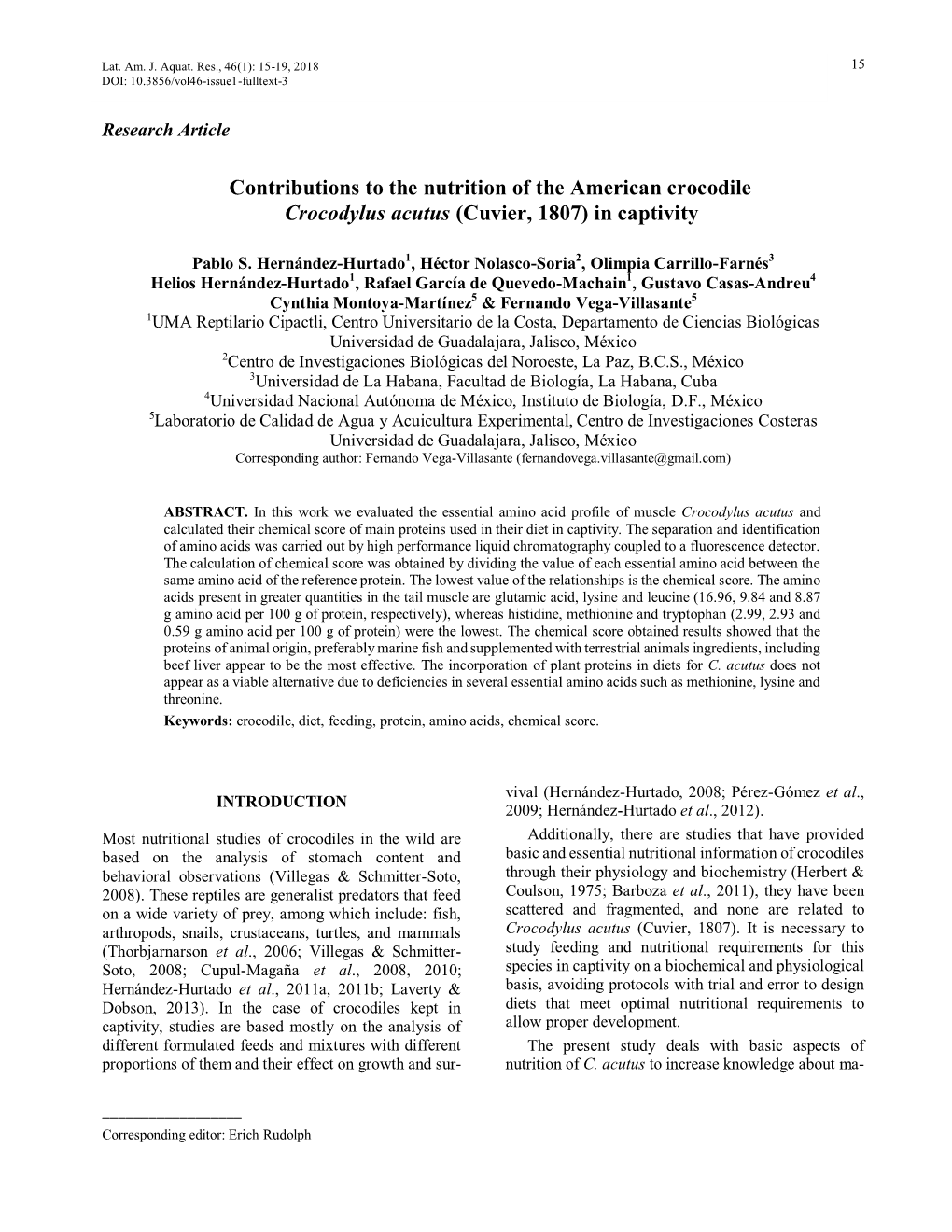 Contributions to the Nutrition of the American Crocodile Crocodylus Acutus (Cuvier, 1807) in Captivity