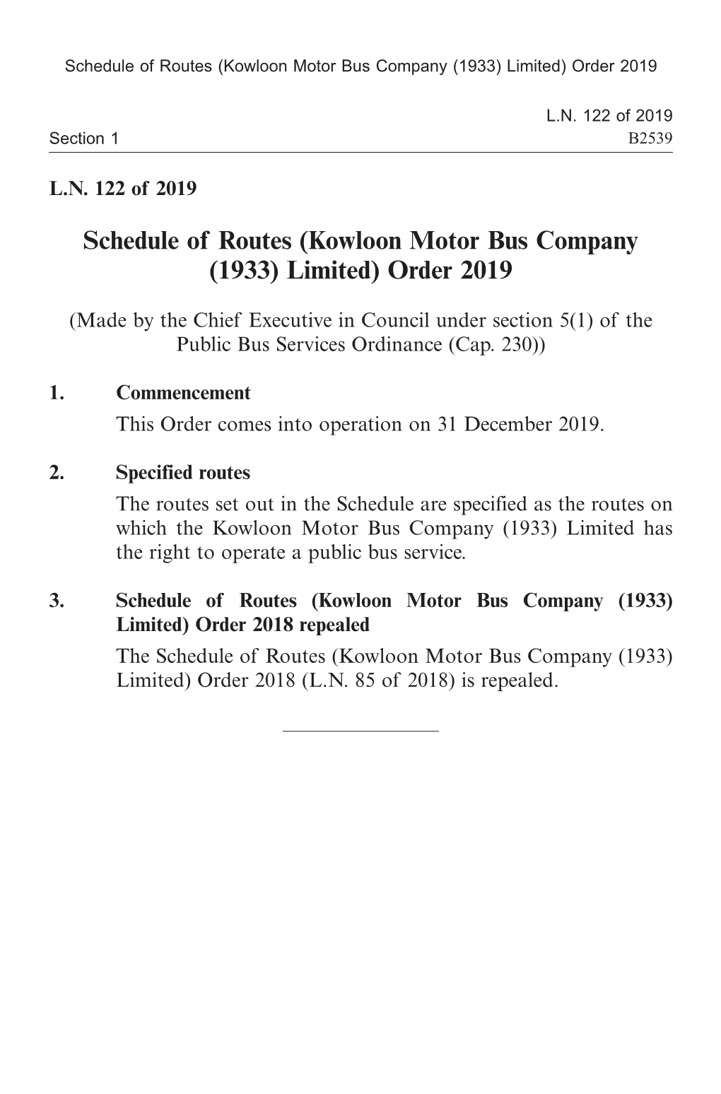 (Kowloon Motor Bus Company (1933) Limited) Order 2019