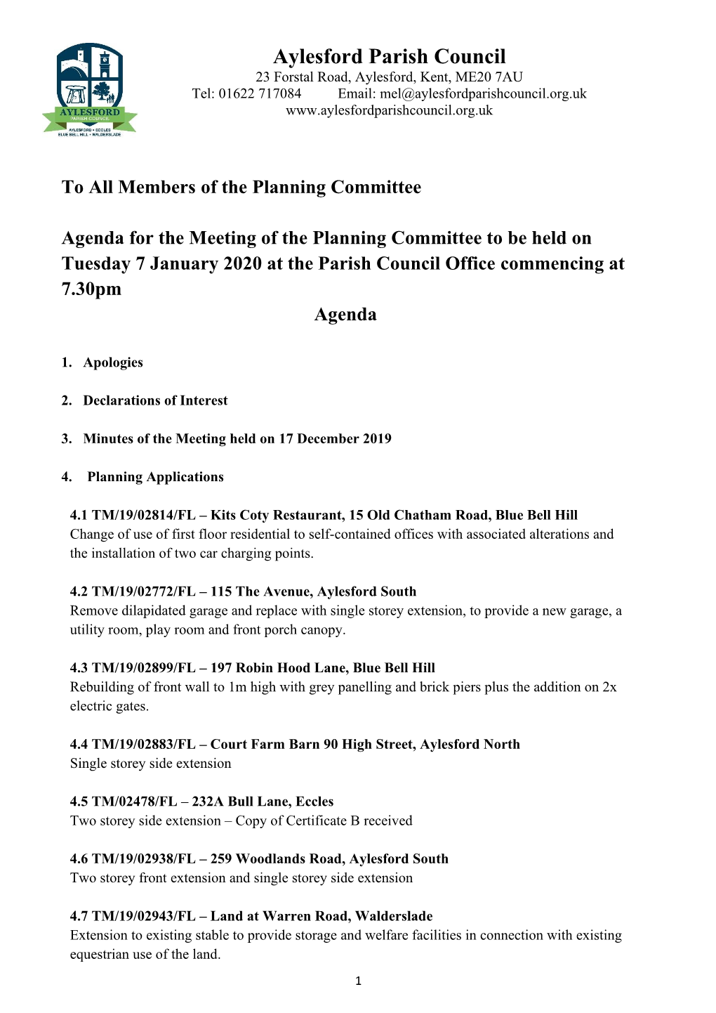 7 January 2020 at the Parish Council Office Commencing at 7.30Pm Agenda