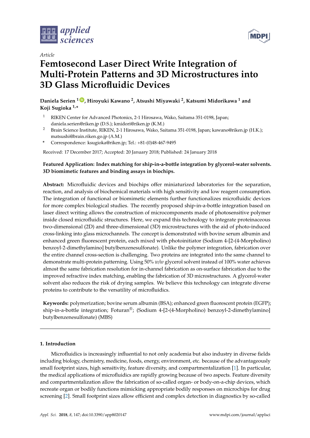 Femtosecond Laser Direct Write Integration of Multi-Protein Patterns and 3D Microstructures Into 3D Glass Microﬂuidic Devices