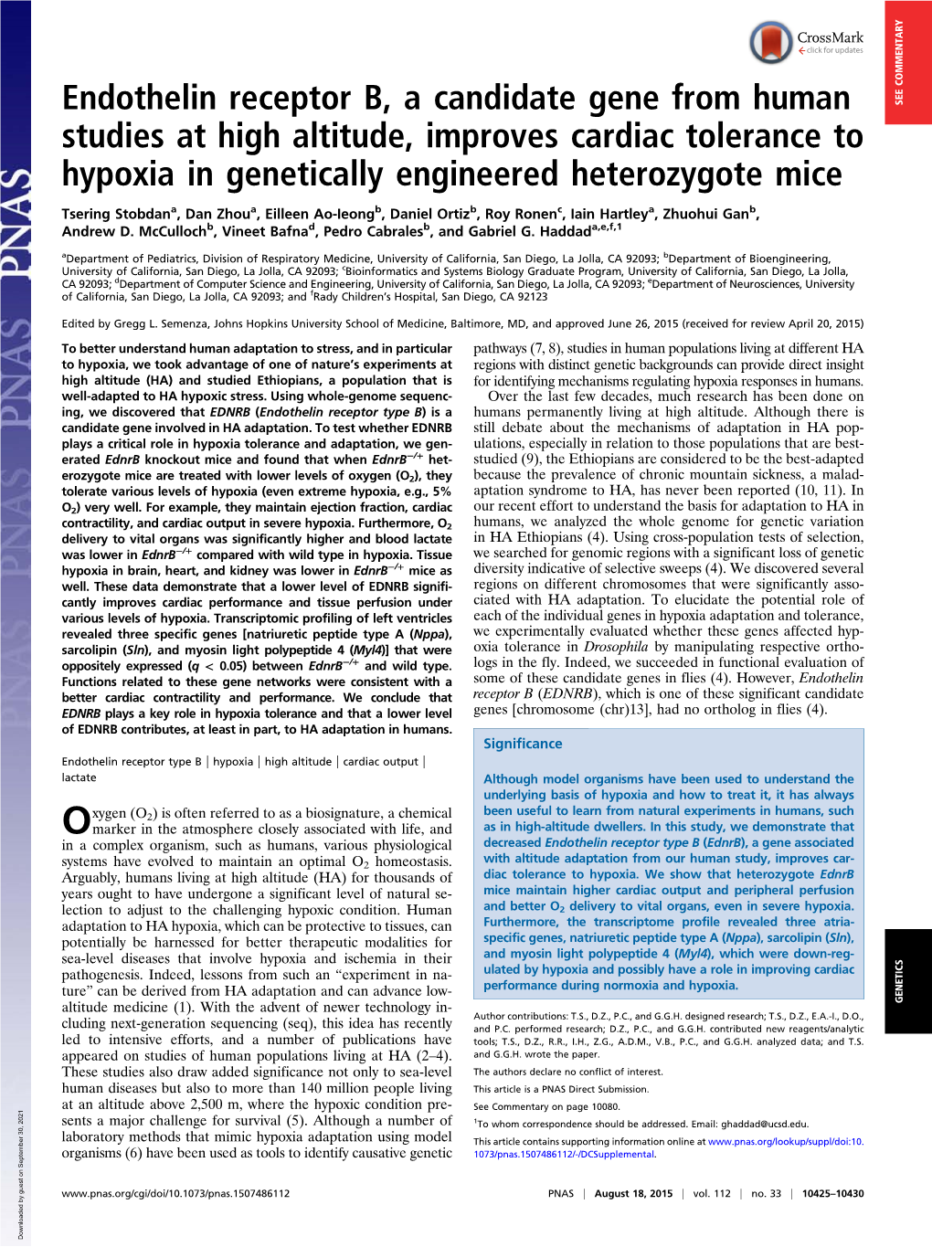 Endothelin Receptor B, a Candidate Gene from Human Studies at High