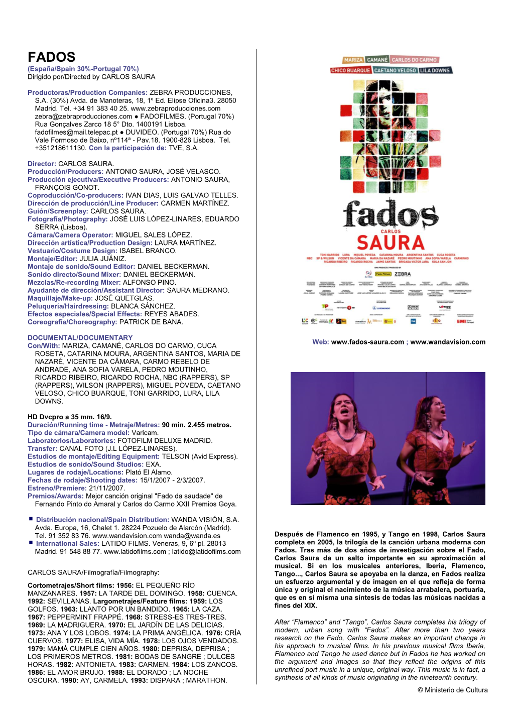 FADOS (España/Spain 30%-Portugal 70%) Dirigido Por/Directed by CARLOS SAURA