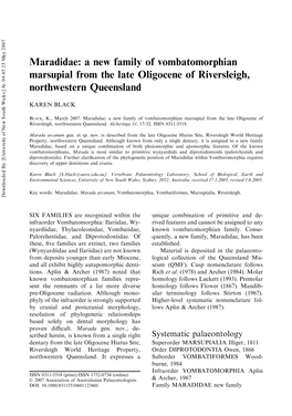 A New Family of Vombatomorphian Marsupial from the Late Oligocene Of