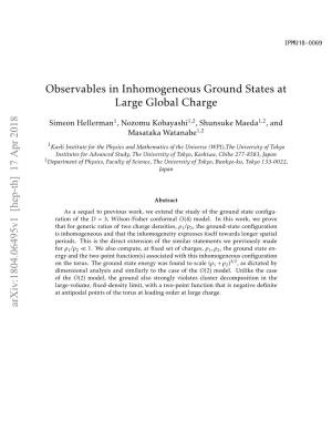 Observables in Inhomogeneous Ground States at Large Global Charge