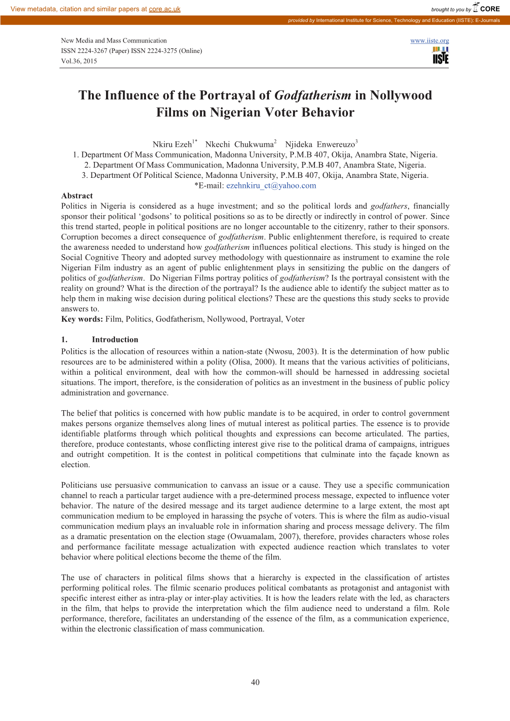The Influence of the Portrayal of Godfatherism in Nollywood Films on Nigerian Voter Behavior
