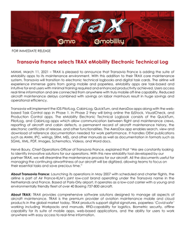 Transavia France Selects TRAX Emobility Electronic Technical Log