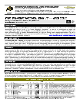 2005 COLORADO Football: GAME 10 — IOWA STATE Saturday, November 12 at Ames (5:10 P.M