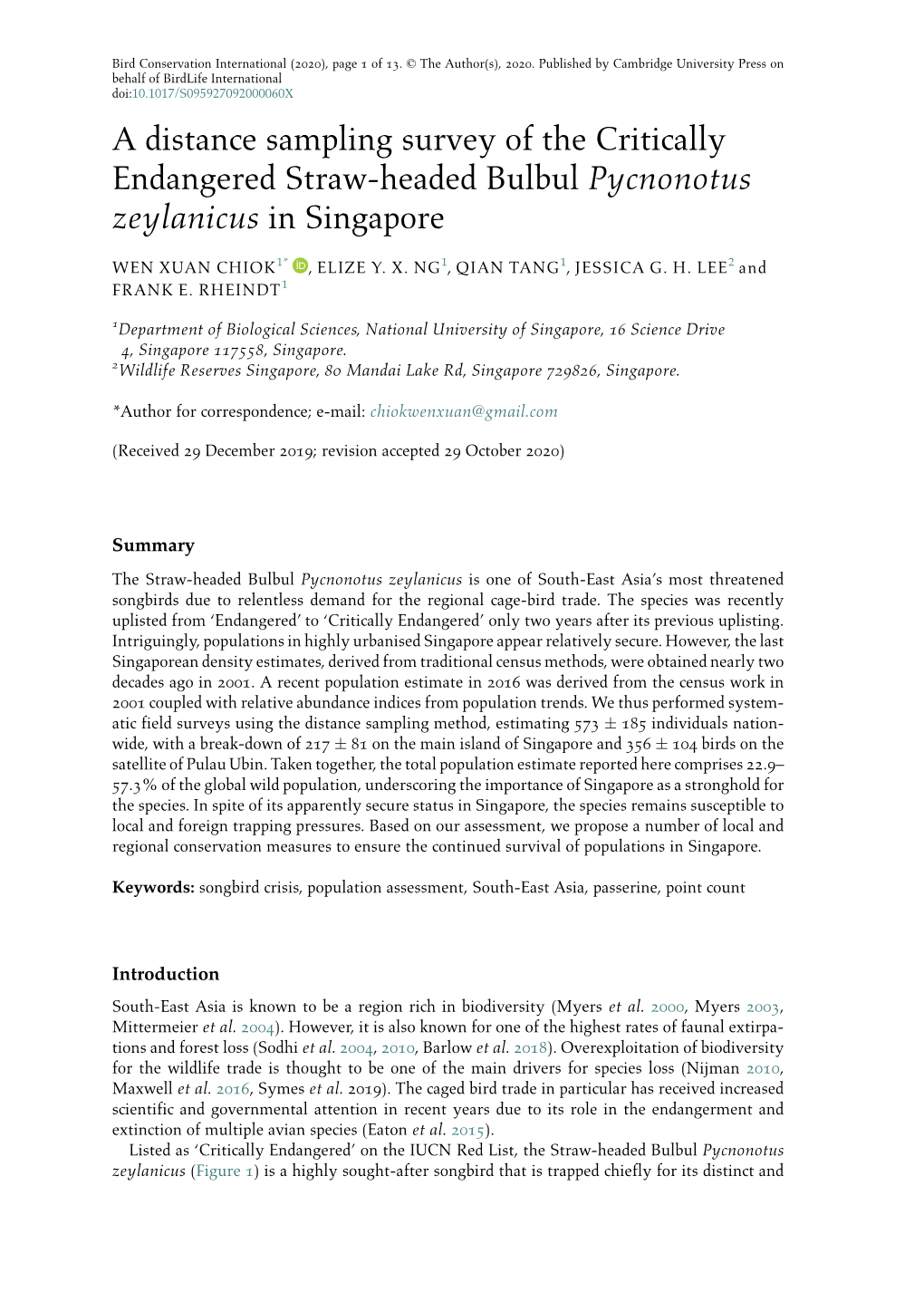 A Distance Sampling Survey of the Critically Endangered Straw-Headed Bulbul Pycnonotus Zeylanicus in Singapore