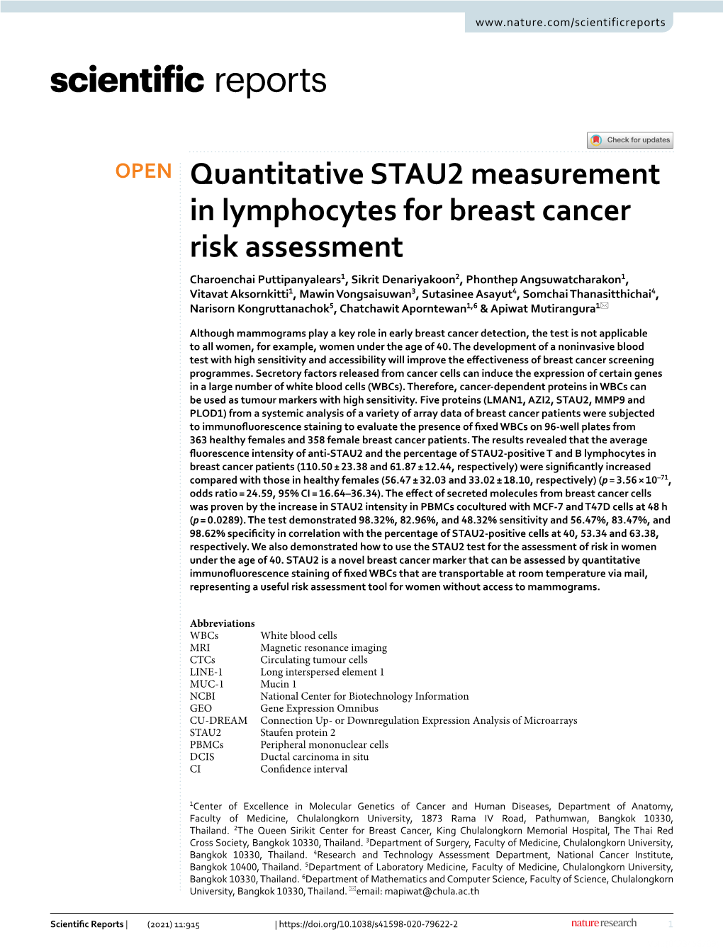 Quantitative STAU2 Measurement in Lymphocytes for Breast Cancer Risk