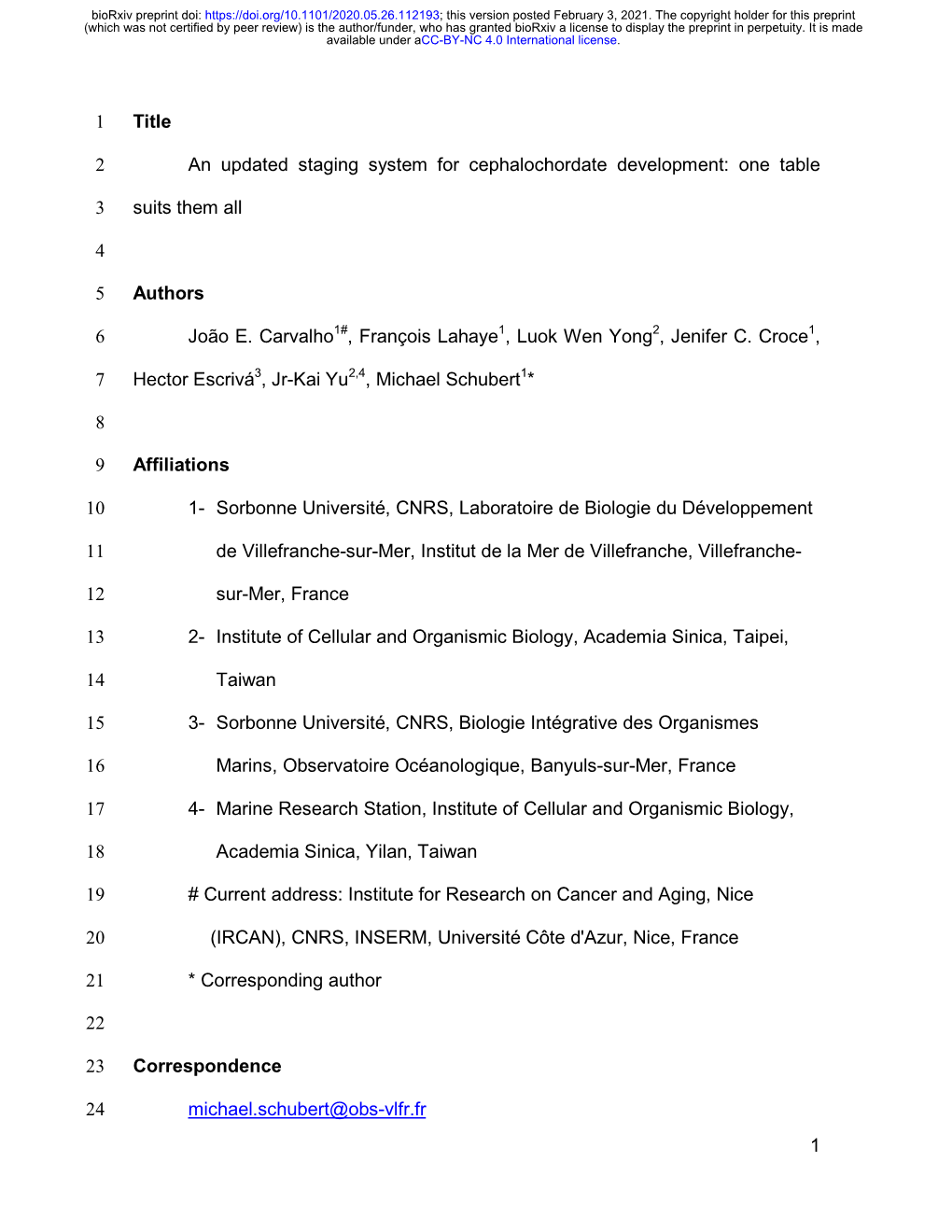 1 Title 1 an Updated Staging System for Cephalochordate Development