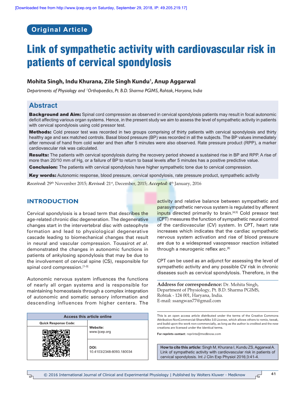 Link of Sympathetic Activity with Cardiovascular Risk in Patients of Cervical Spondylosis