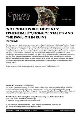 EPHEMERALITY, MONUMENTALITY and the PAVILION in RUINS Ihor Junyk