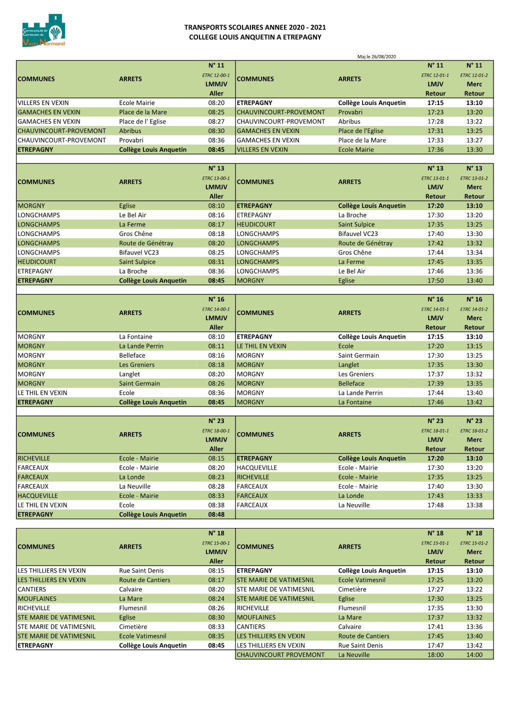 Transports Scolaires Annee 2020 - 2021 College Louis Anquetin a Etrepagny