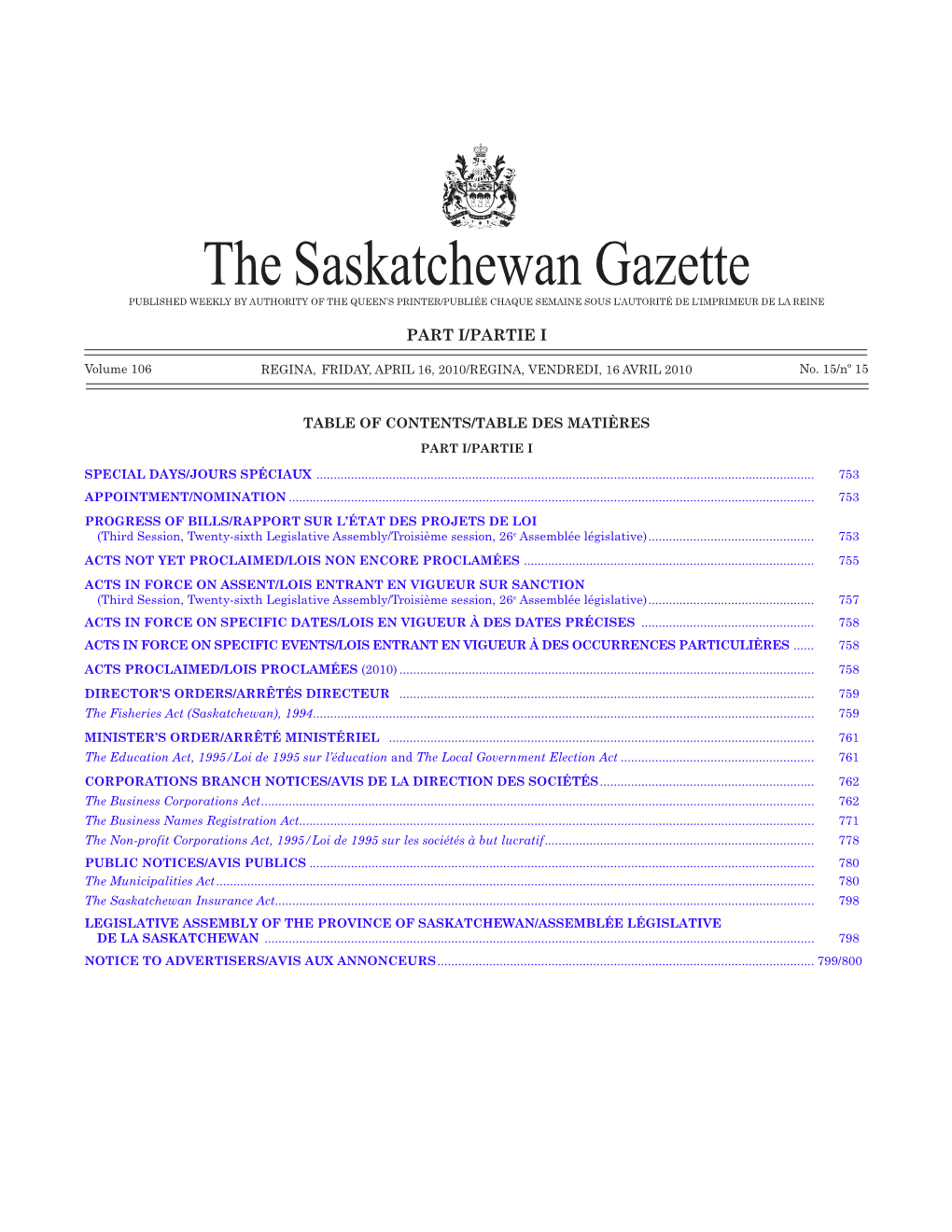 Sask Gazette, Part I, April 16, 2010