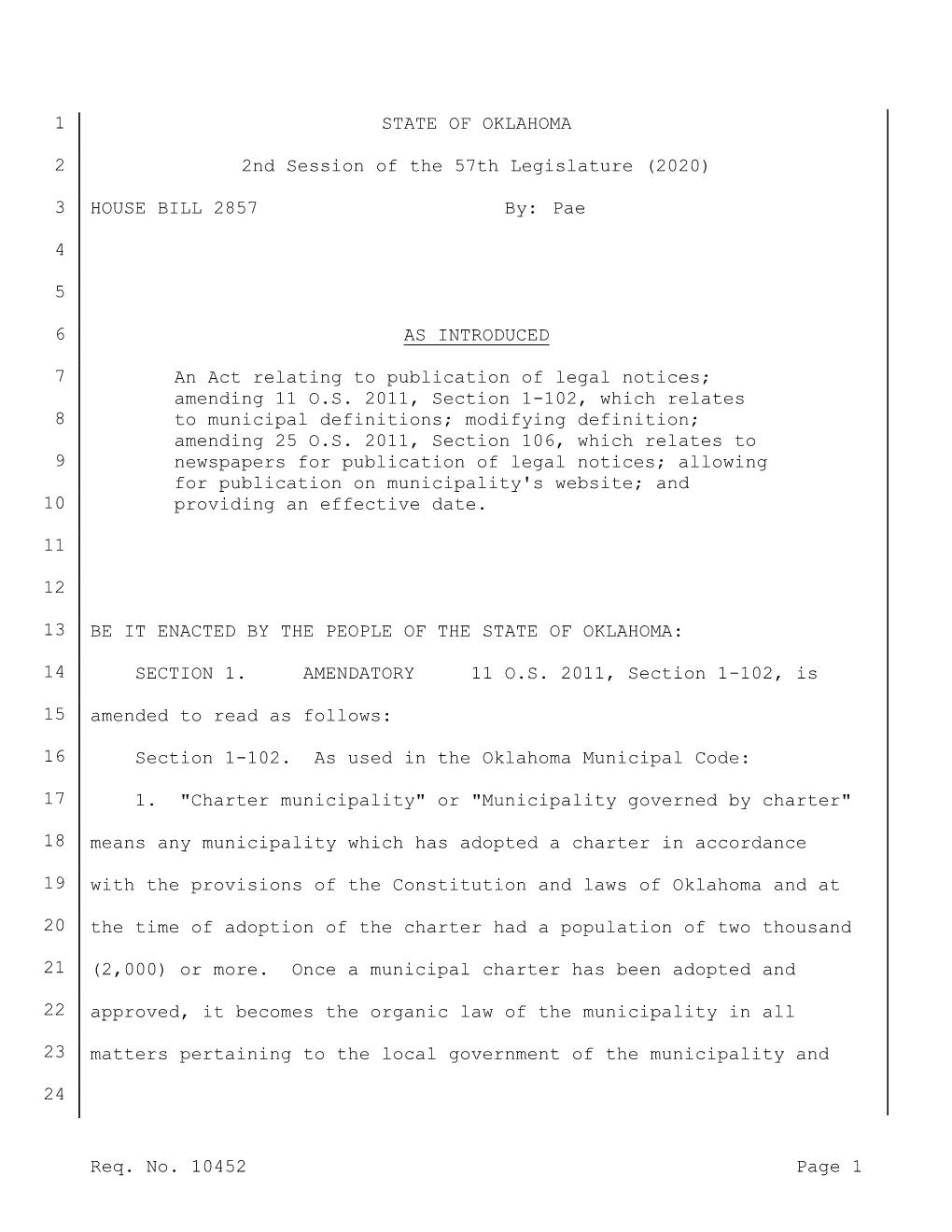 Req. No. 10452 Page 1 1 2 3 4 5 6 7 8 9 10 11 12 13 14 15 16 17 18 19 20 21 22 23 24 STATE of OKLAHOMA 2Nd Session of the 57Th L