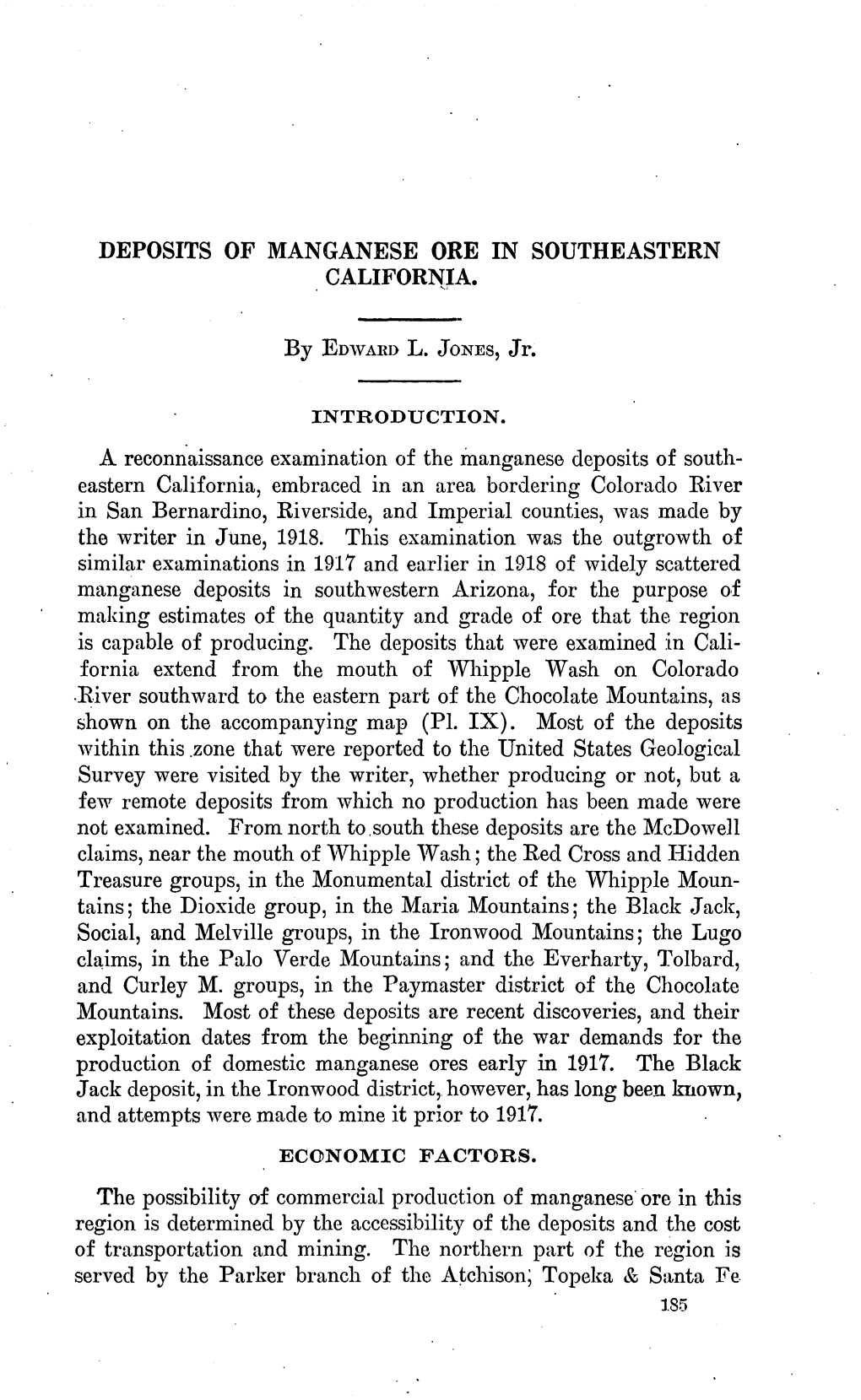 Deposits of Manganese Ore in Southeastern California