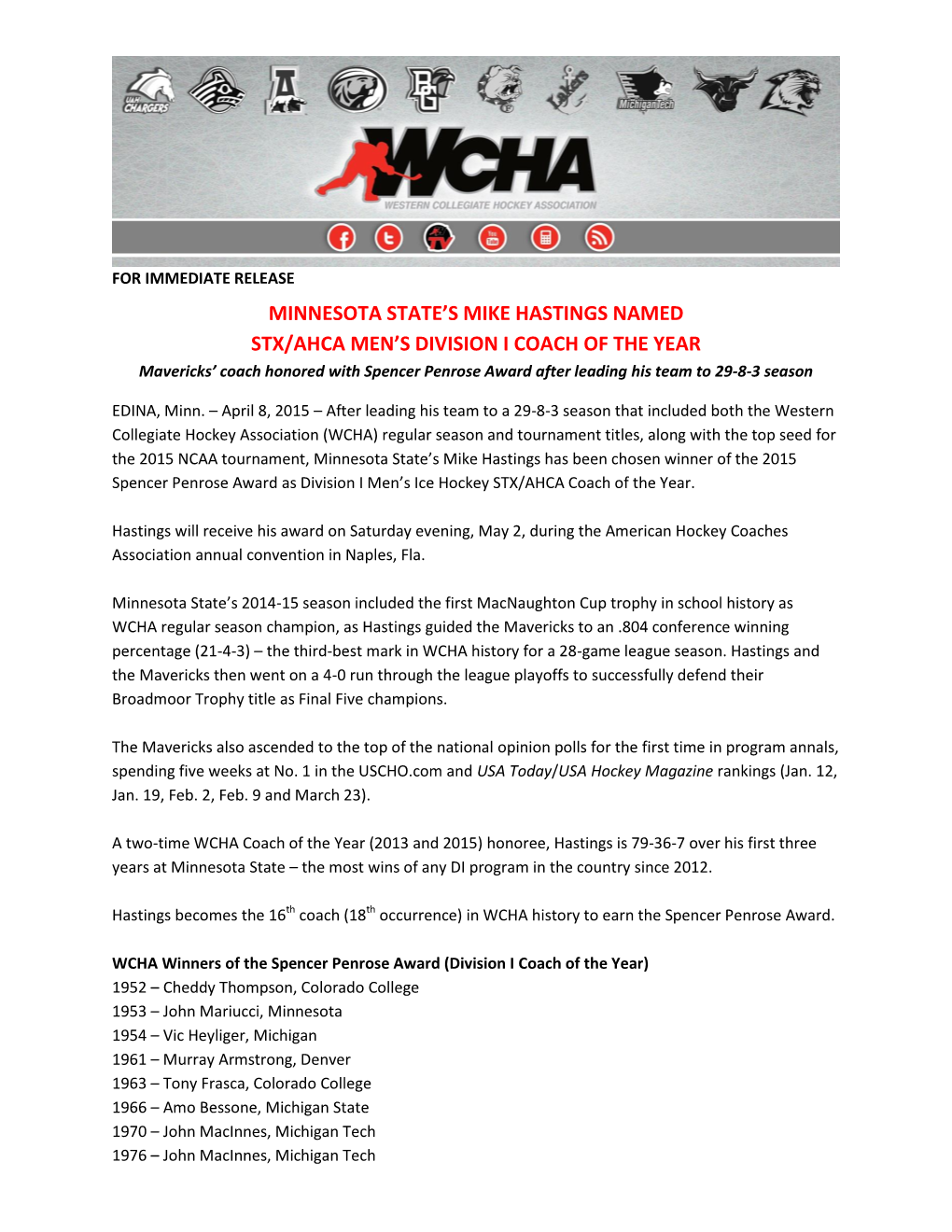 Minnesota State's Mike Hastings Named Stx/Ahca
