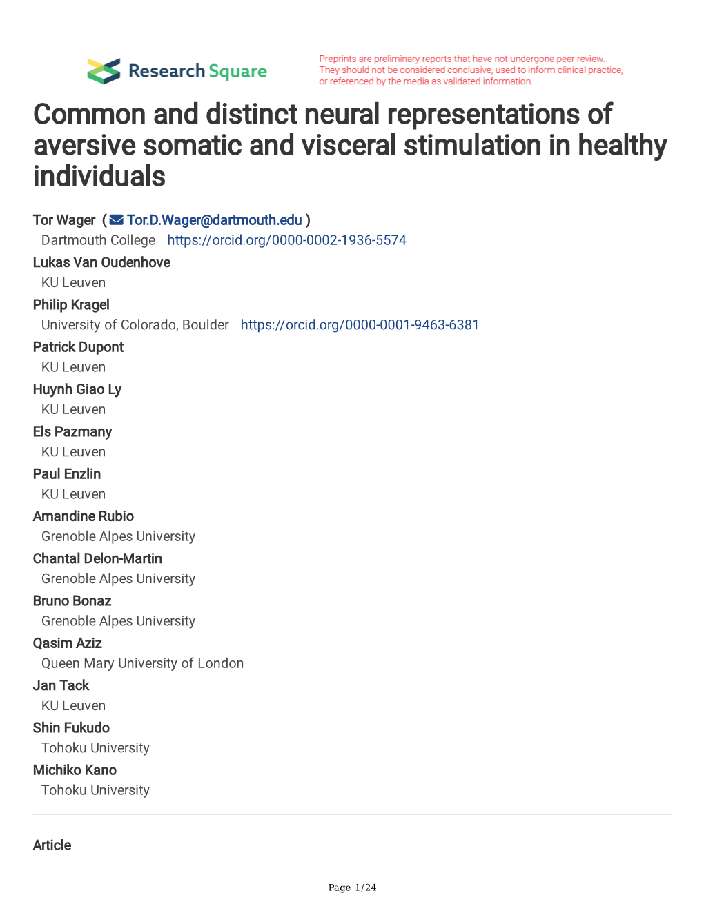 Common and Distinct Neural Representations of Aversive Somatic and Visceral Stimulation in Healthy Individuals