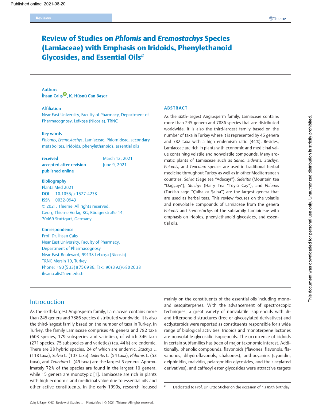 Review of Studies on Phlomis and Eremostachys Species (Lamiaceae) with Emphasis on Iridoids, Phenylethanoid Glycosides, and Essential Oils