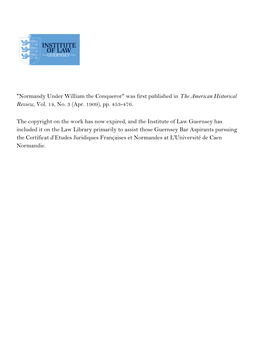 Normandy Under William the Conqueror" Was First Published in the American Historical Review, Vol