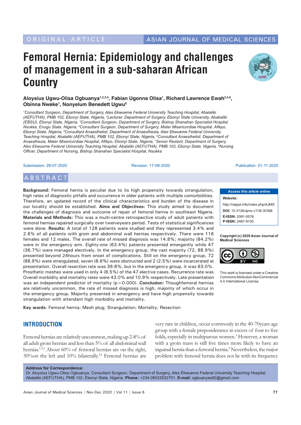 Femoral Hernia: Epidemiology and Challenges of Management in a Sub-Saharan African Country