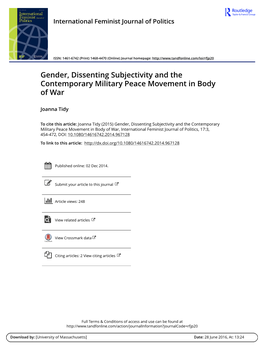 Gender, Dissenting Subjectivity and the Contemporary Military Peace Movement in Body of War