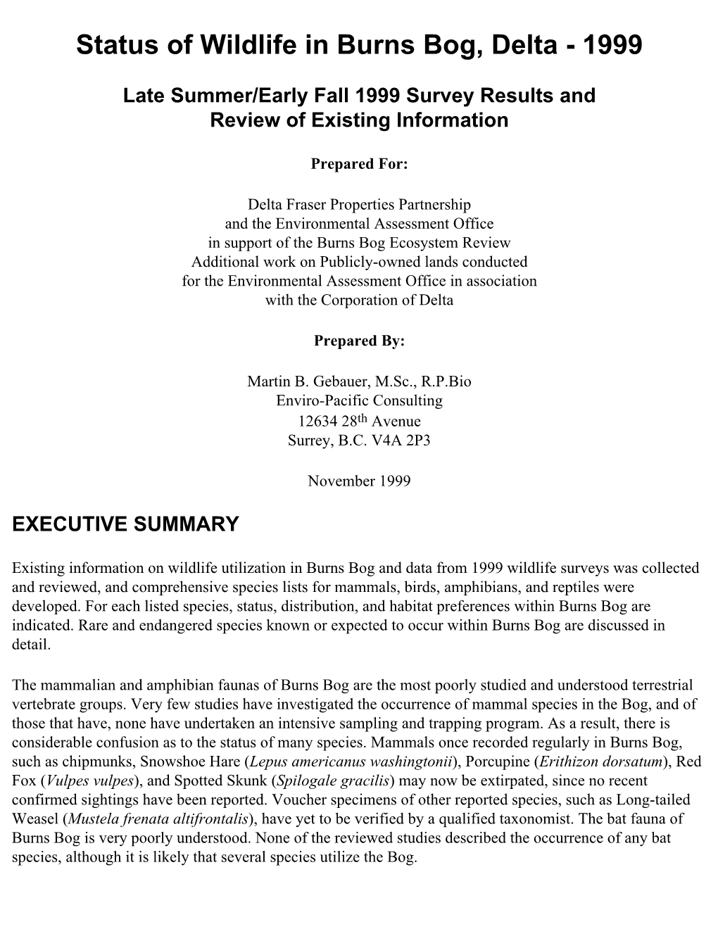 Status of Wildlife in Burns Bog, Delta - 1999