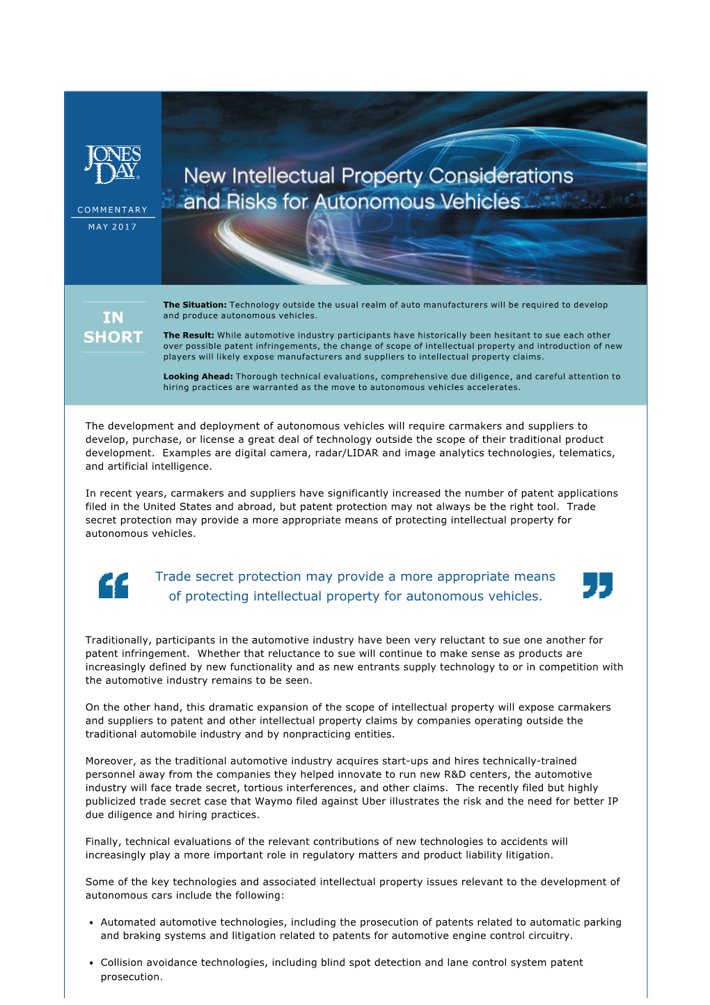 Intellectual Property Considerations and Risks for Autonomous Vehicles