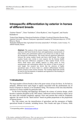 Intraspecific Differentiation by Exterior in Horses of Different Breeds