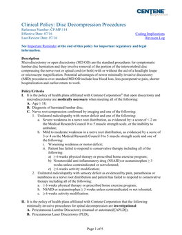 Disc Decompression Procedures Reference Number: CP.MP.114 Effective Date: 07/16 Coding Implications Last Review Date: 07/16 Revision Log