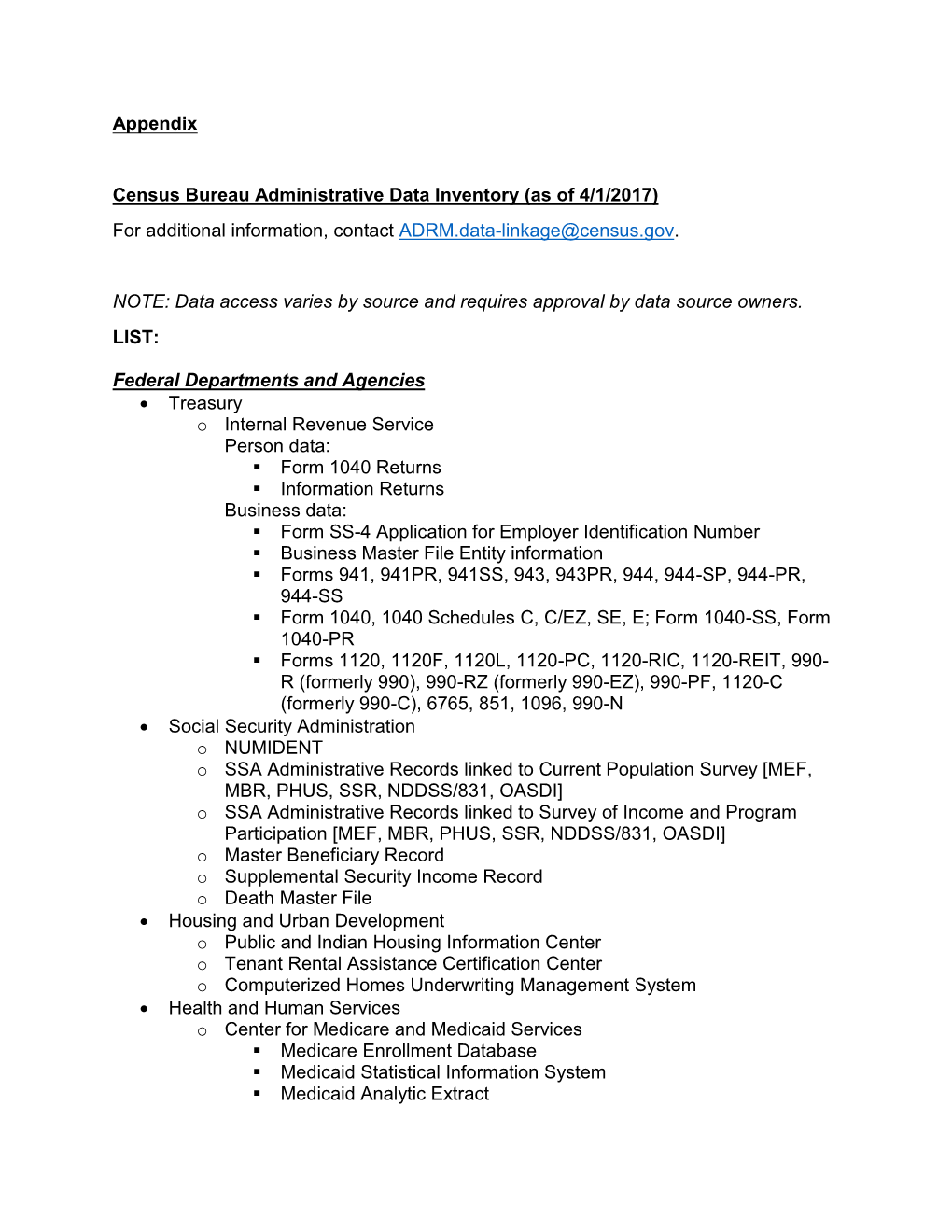 Appendix Census Bureau Administrative Data Inventory