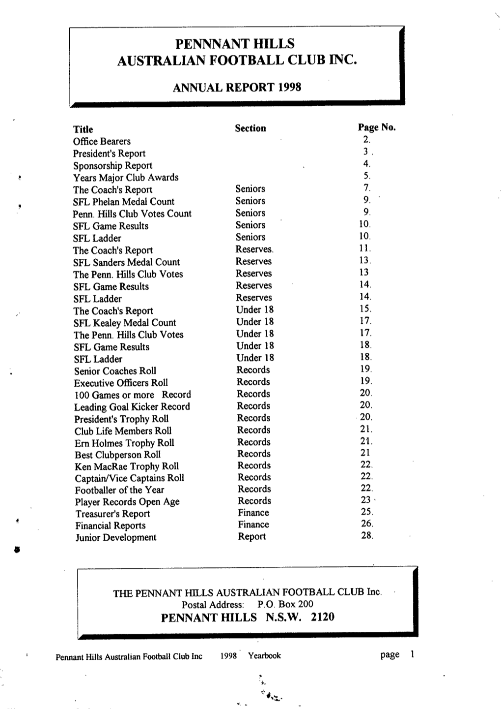 Pennant Hills Australian Football Club Year Book